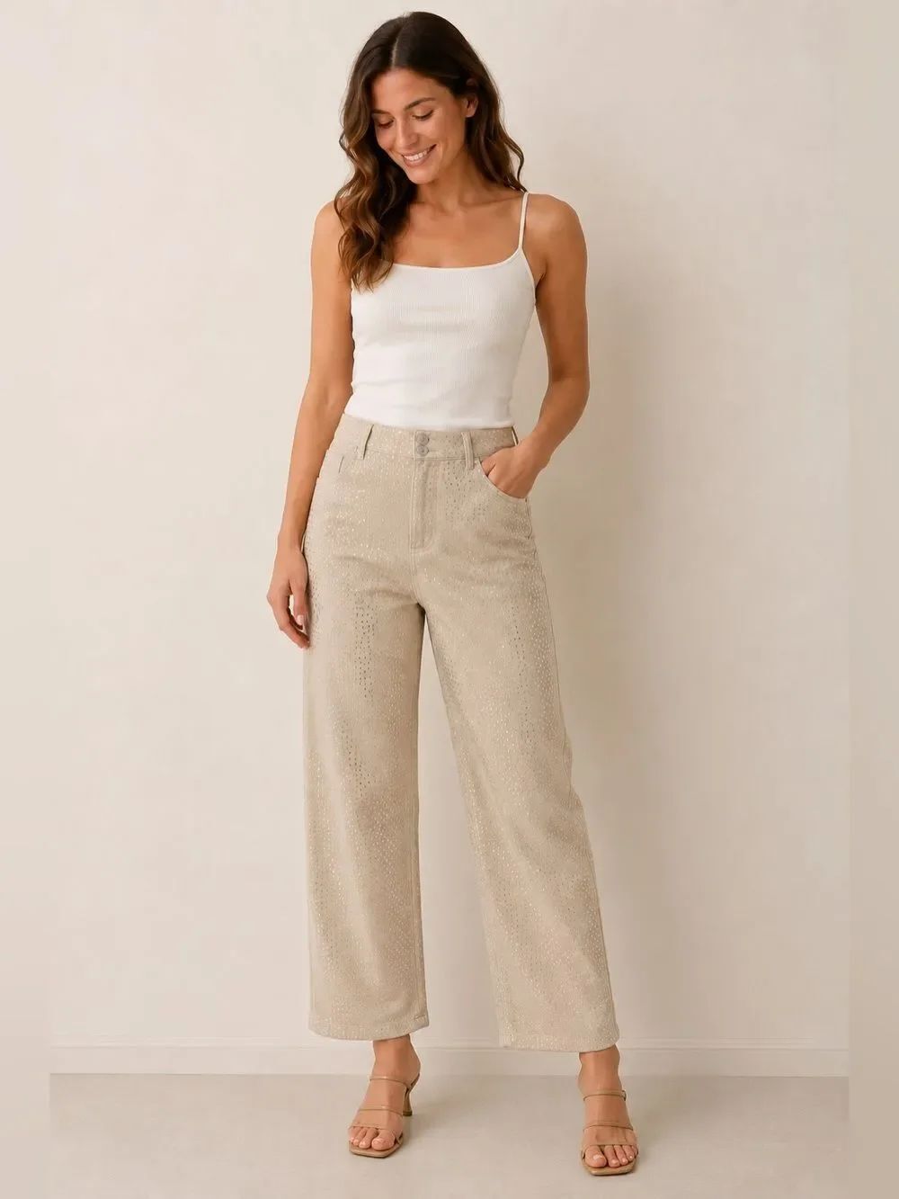 Young Fabulous & Broke YFB Wide Leg Pants Rhinestones Cream NWT Small Shine Fun